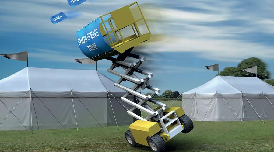 Scissor lift MEWP with banner overturning