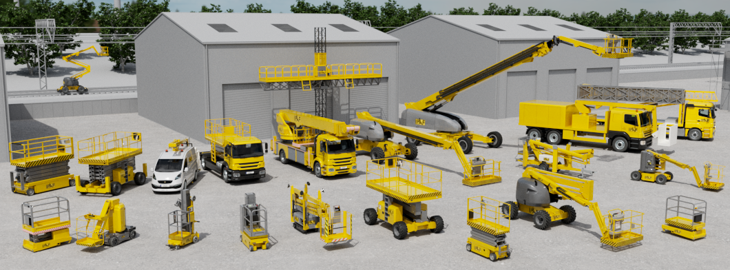 A group of yellow vehicles
Description automatically generated