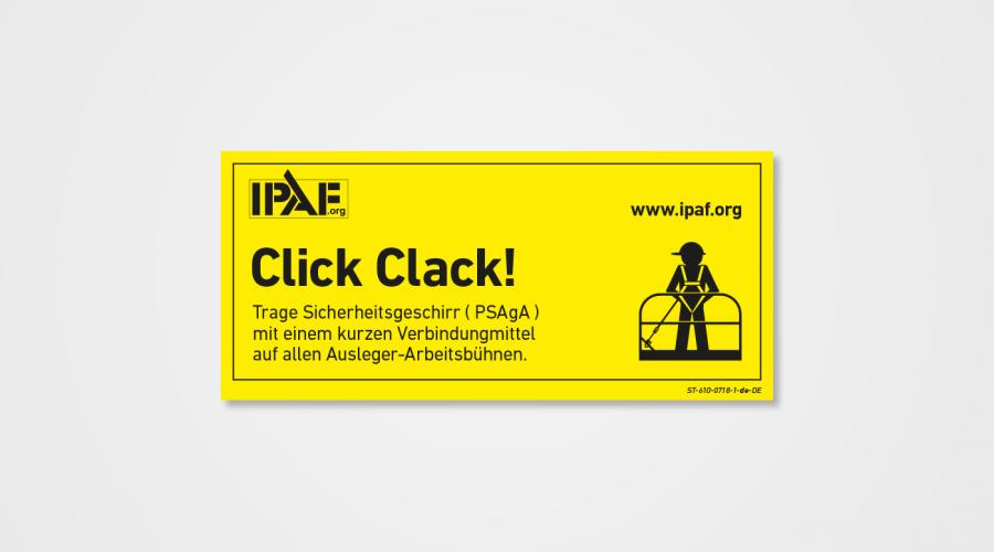 Click Clack! Trage Sicherheitsgeschirr ( PSAgA ) mit einem kurzen Verbindungmittel auf allen Ausleger-Arbeitsbühnen.